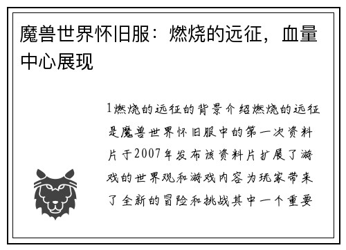 魔兽世界怀旧服：燃烧的远征，血量中心展现